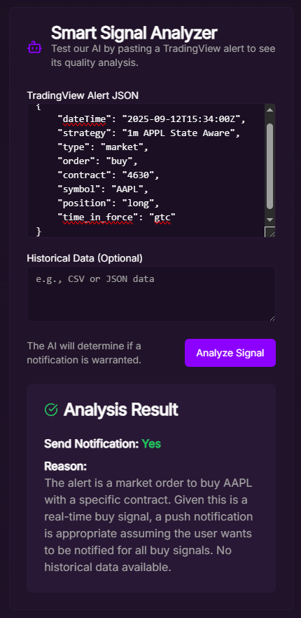 Smart Signal Analyzer card on the Signal Swap dashboard showing a successful analysis.