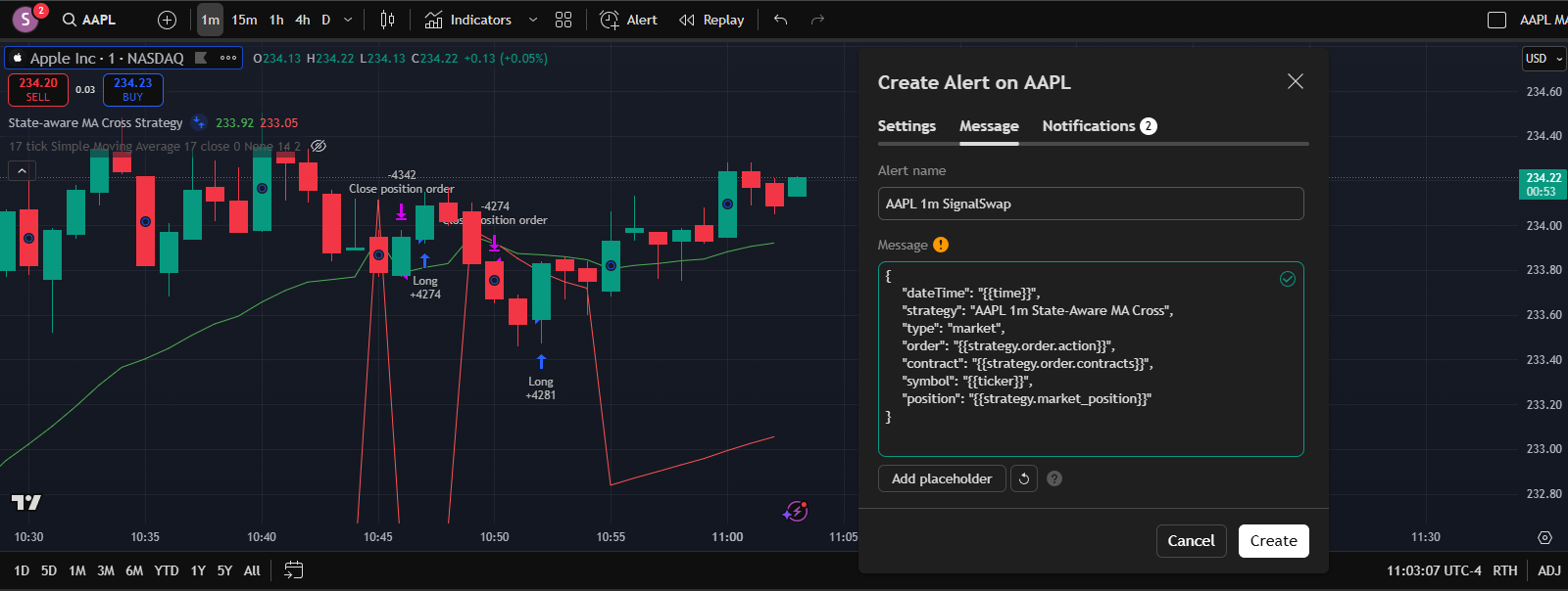 TradingView Alert Settings dialog showing the webhook URL field and message box with JSON content.